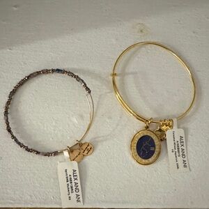 Alex and Ani Gold Bangle with Blue Charm and Beaded Bracelet